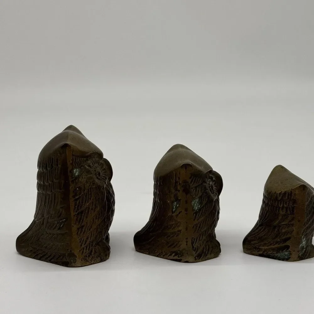 LEONARD Solid BRASS Owl Set Of 3 Figures Paperweights VINTAGE Rare Korea‎